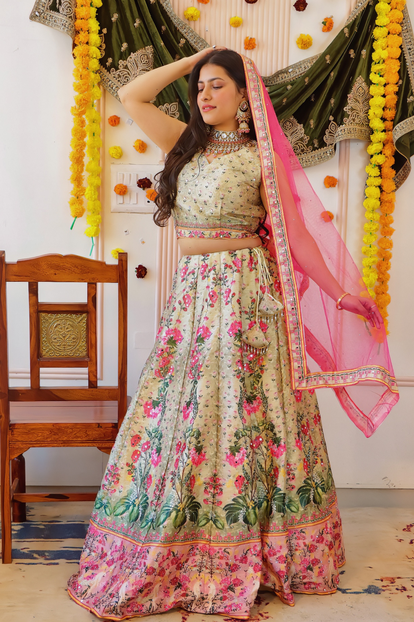 ivory Floral Print Lehenga