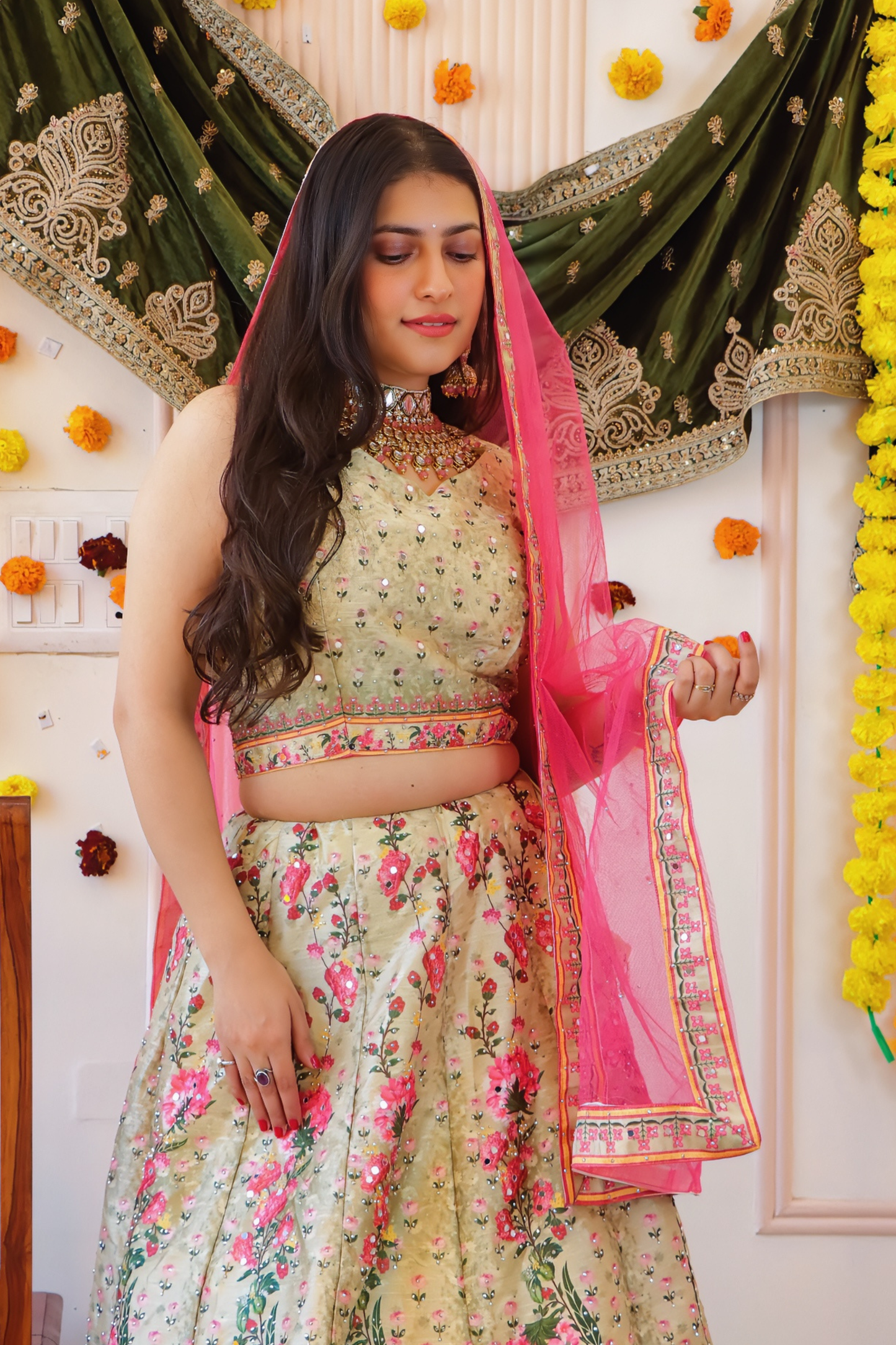ivory Floral Print Lehenga