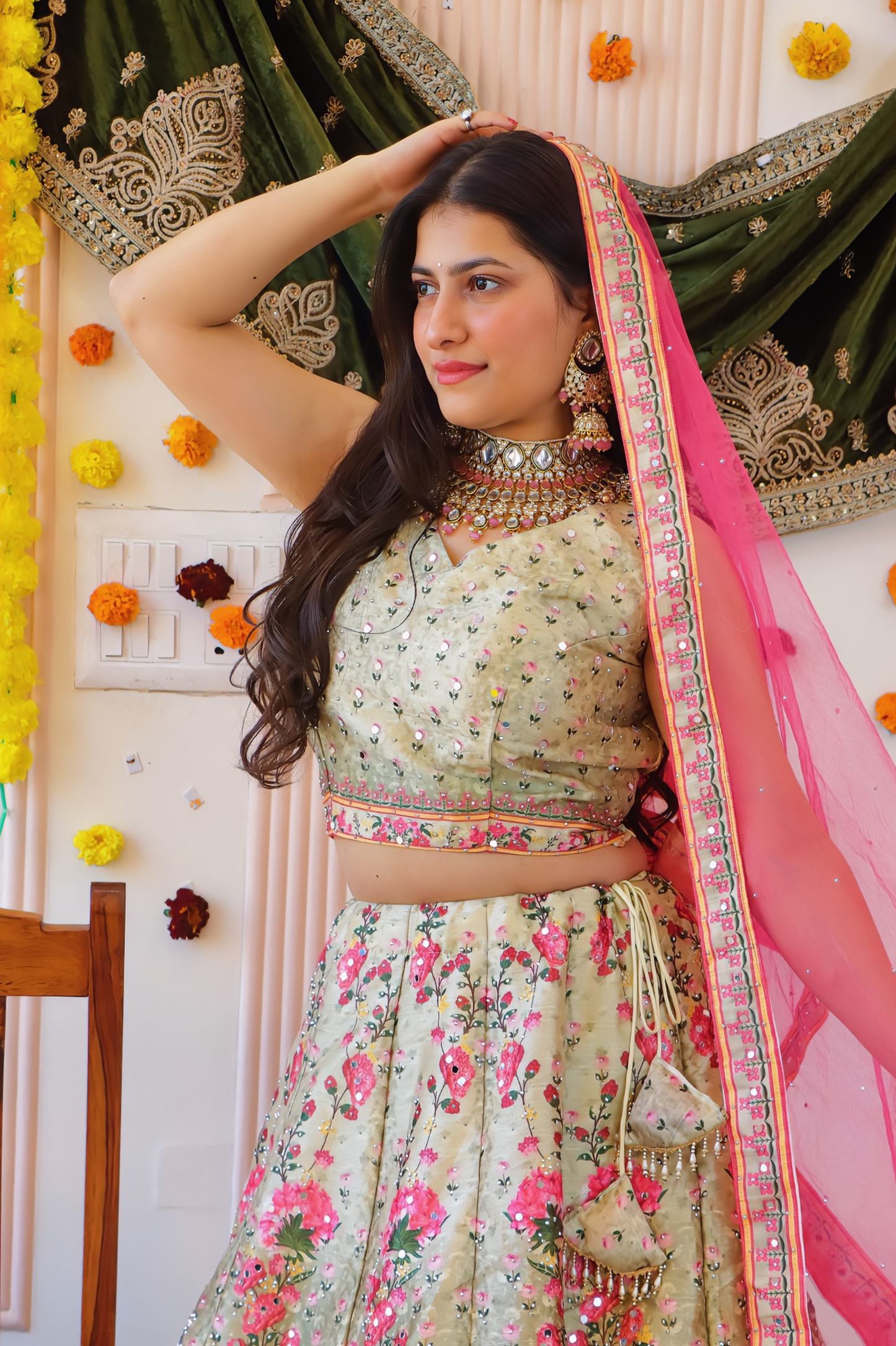 ivory Floral Print Lehenga