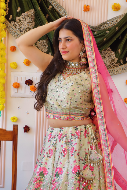 Ivory Floral Print Lehenga