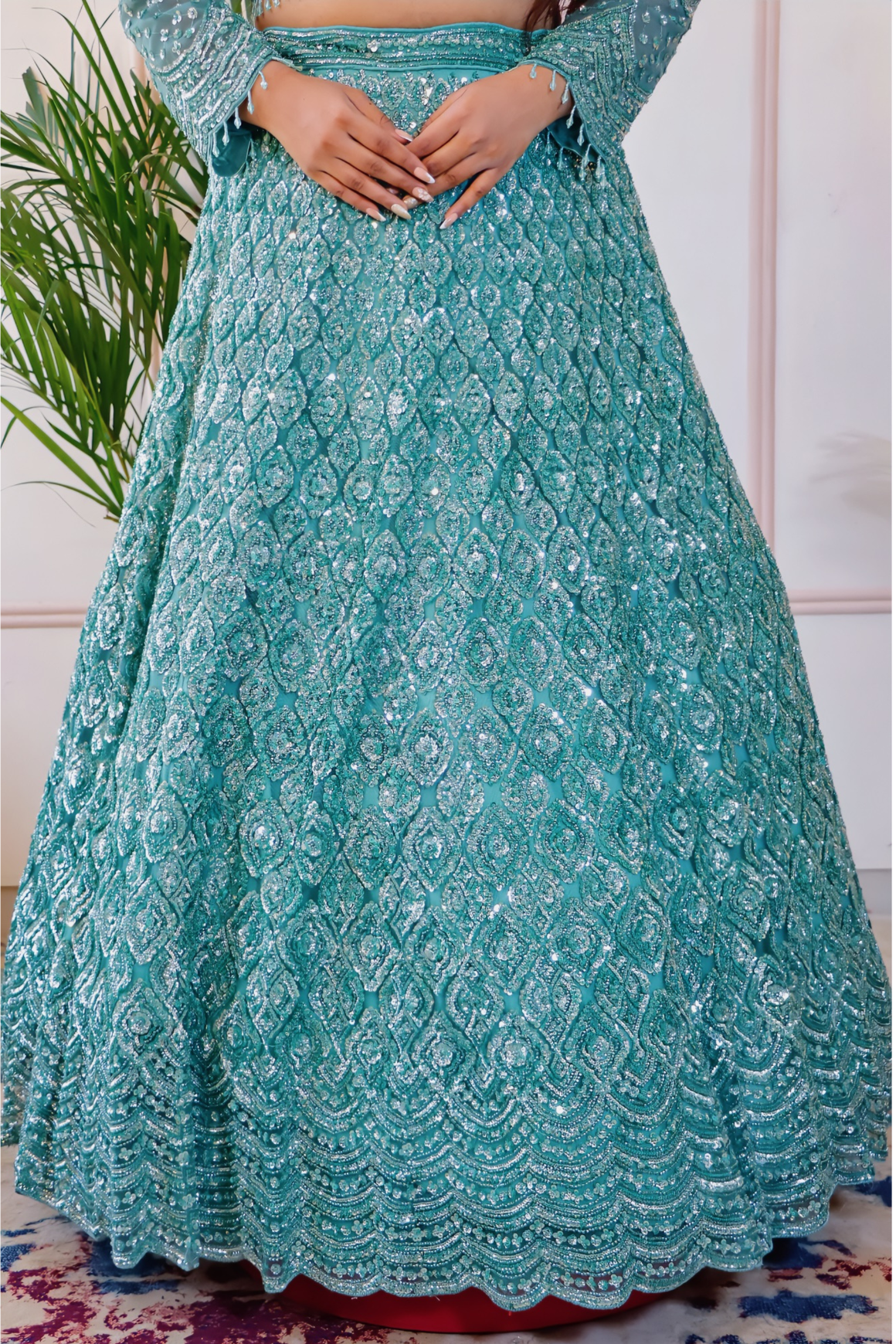 Teal Green Net Lehenga