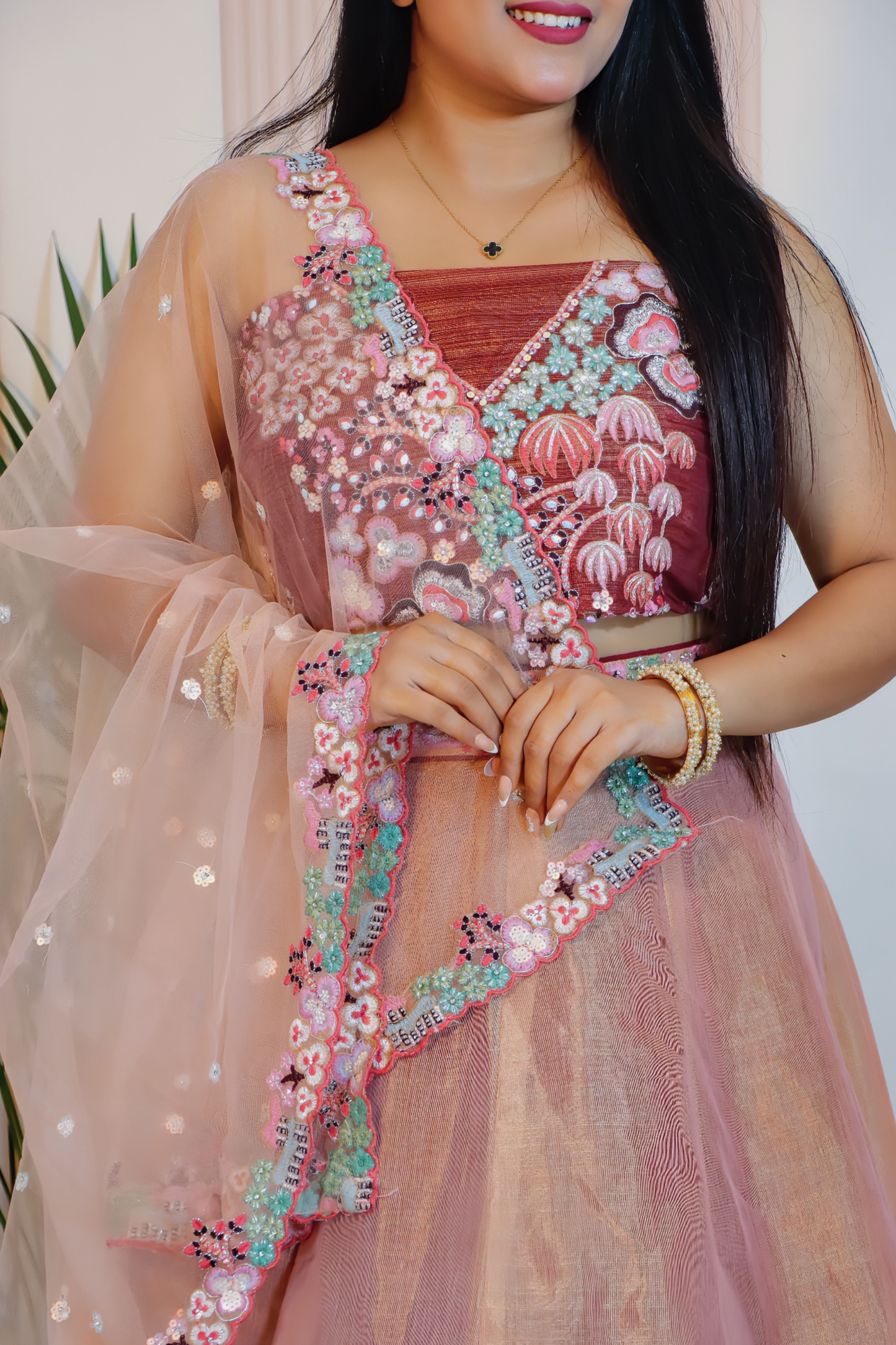 Brown Chinnon Silk Unstitched Lehenga