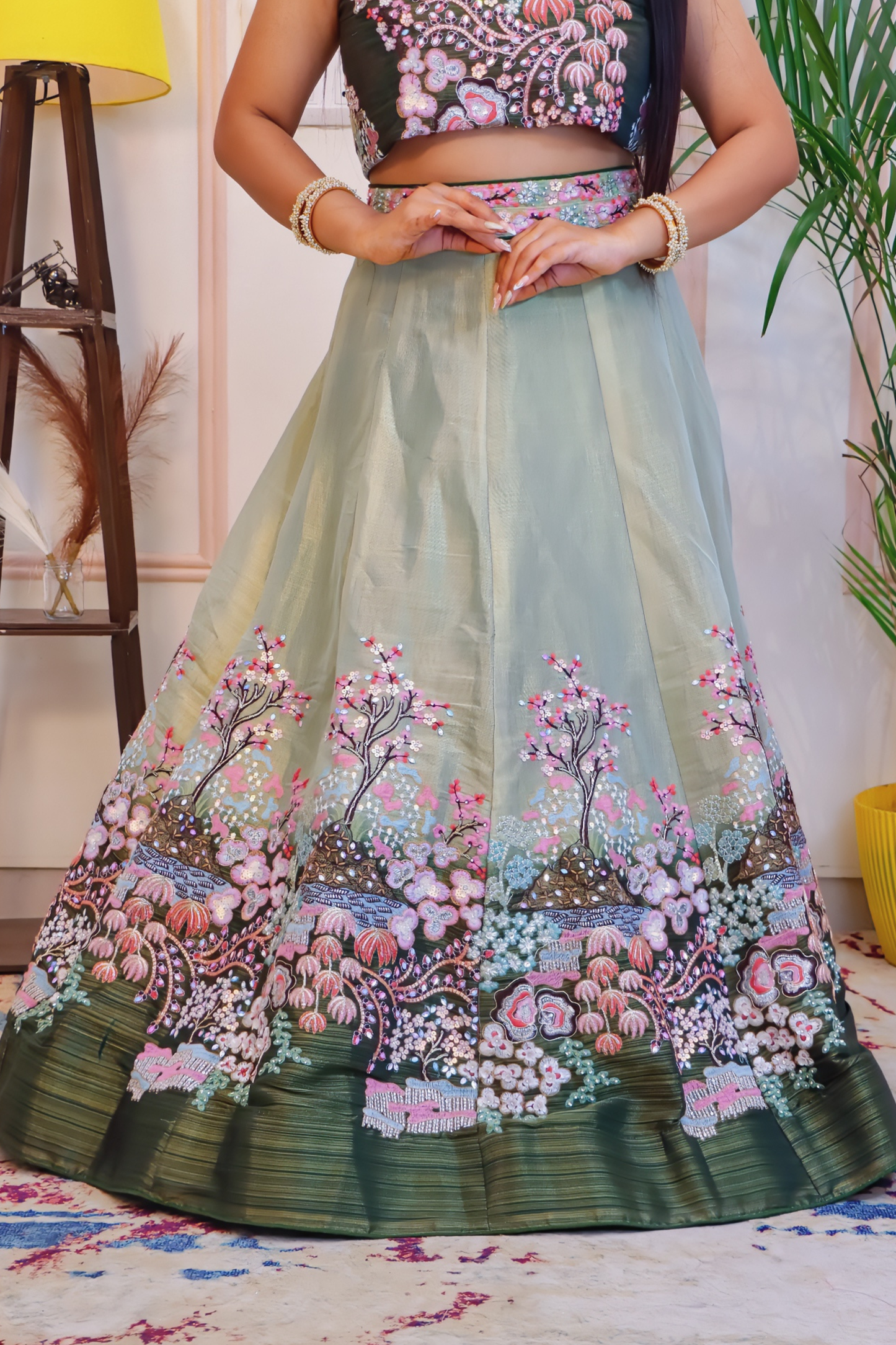 Green Chinnon Silk Unstitched Lehenga