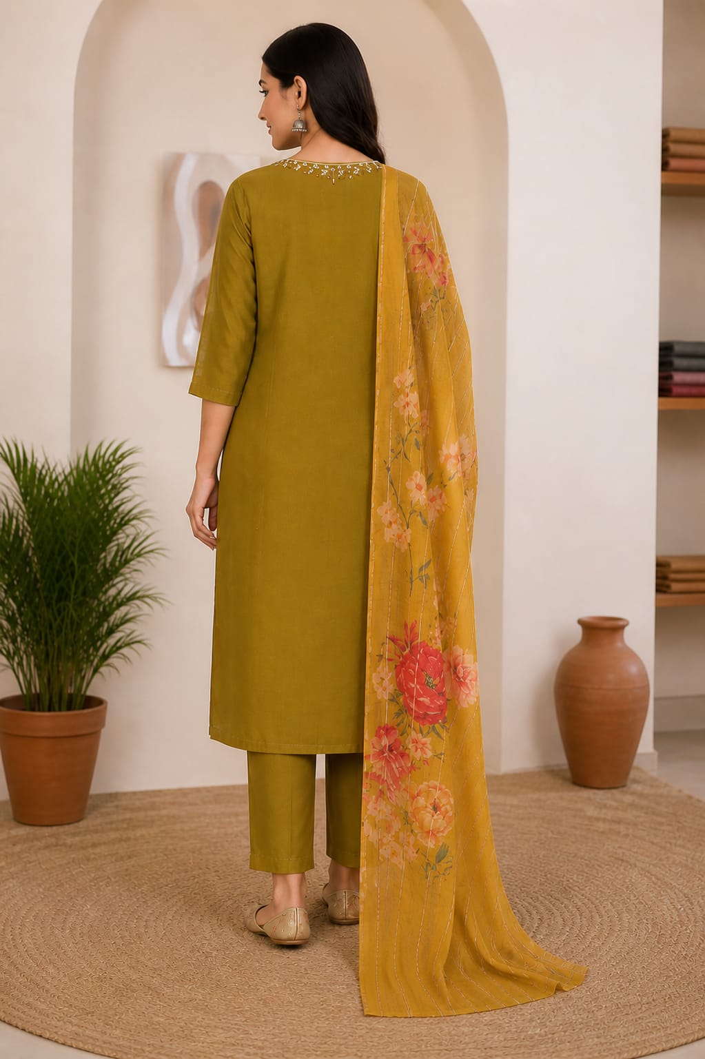 Mustard Bloom Embroidered Kurta Set with Floral Dupatta