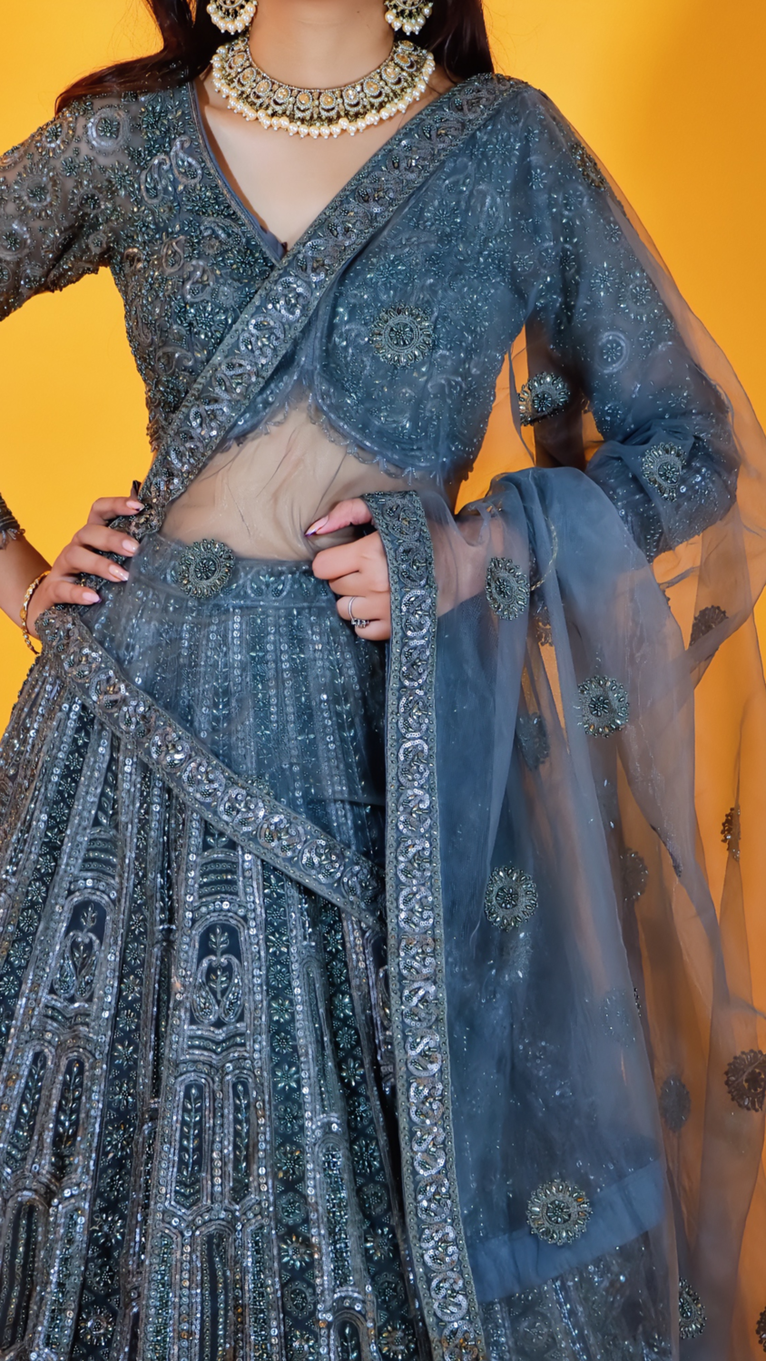 Green Lehenga with Thread Embroidery
