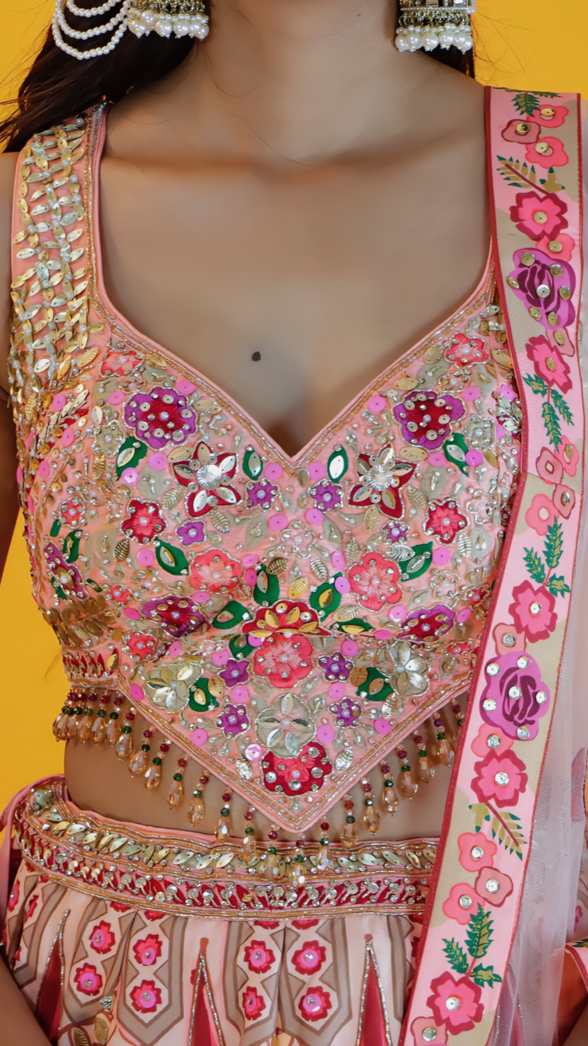 Peach Pink Raw Silk Lehenga