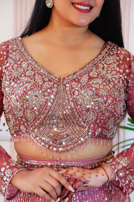 Pink Net Crop Top Lehenga