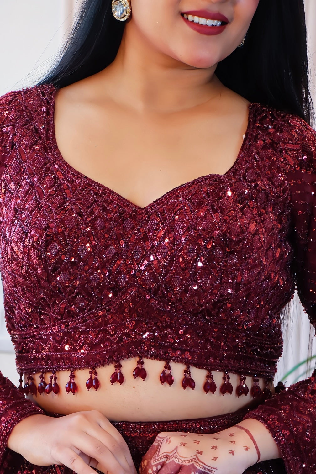 Maroon Net Fish Cut Lehenga
