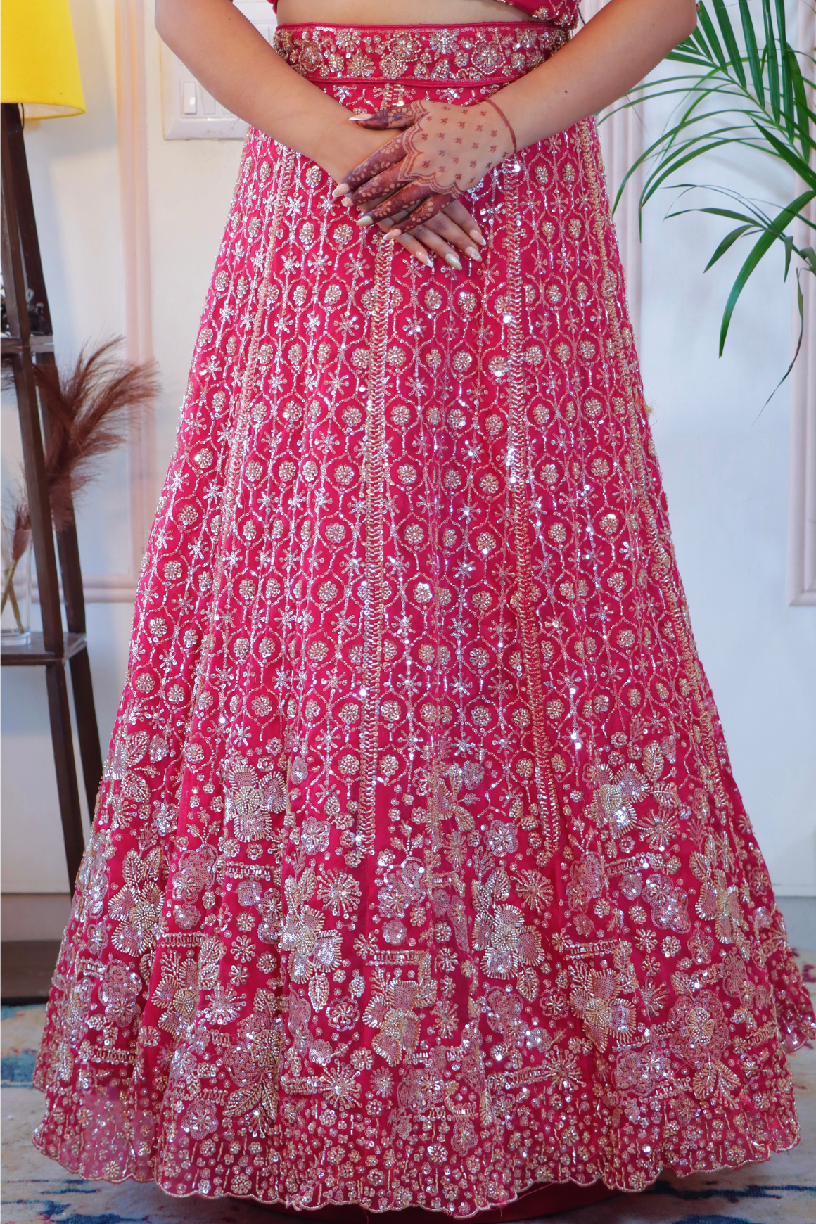 Magenta Pink Net Unstitched Crop Top Lehenga
