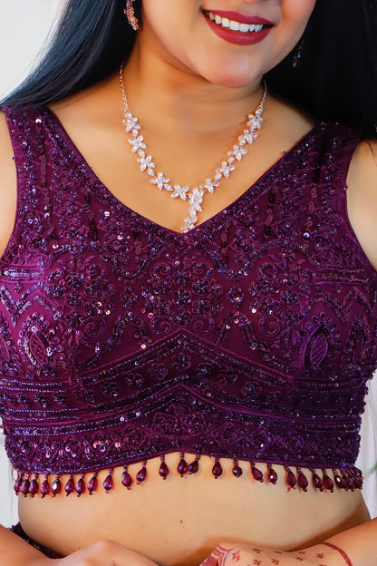 Elegant Wine Net Crop Top Lehenga