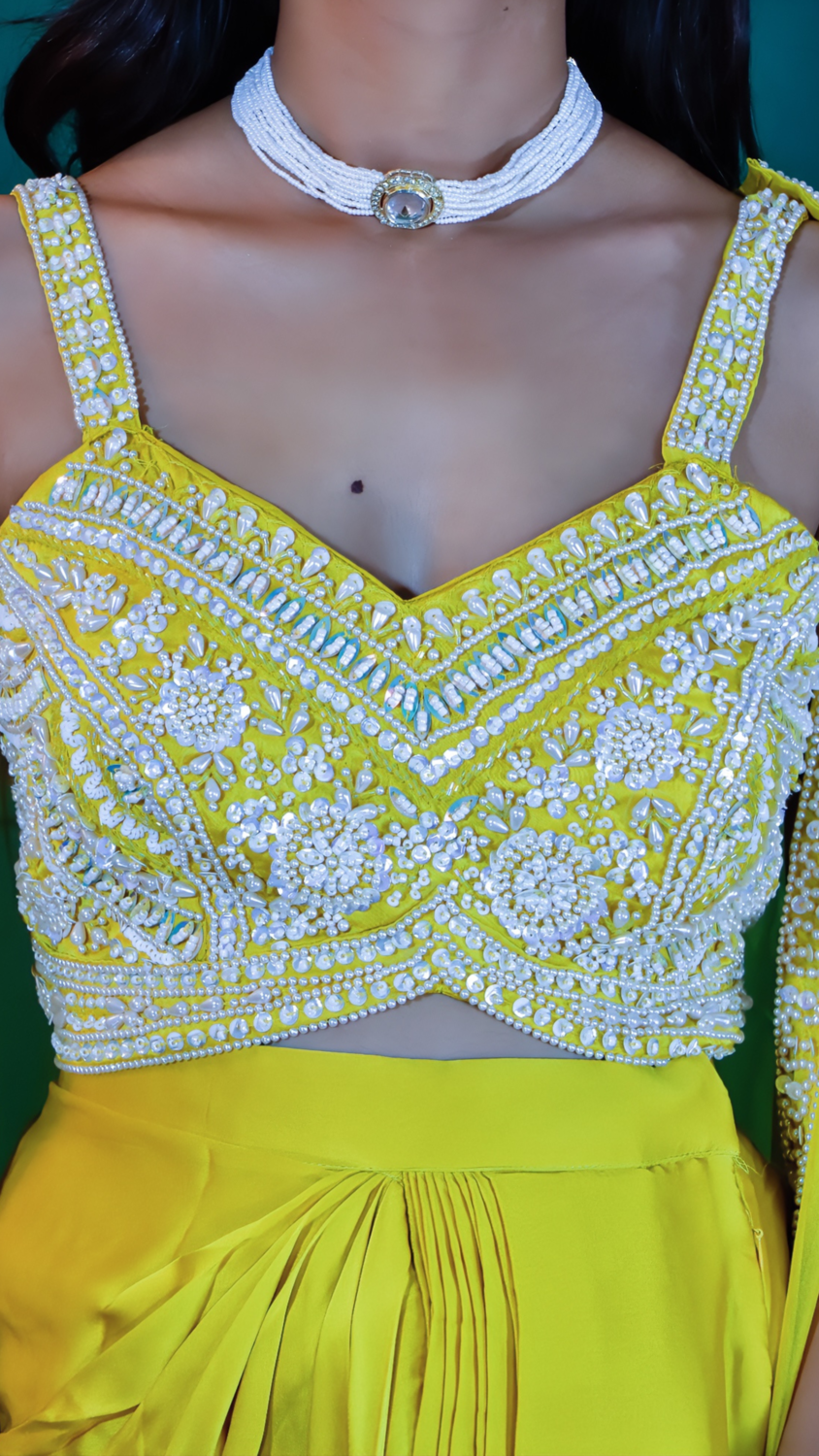 Yellow Satin Silk Dhoti Style Dress with Shrug