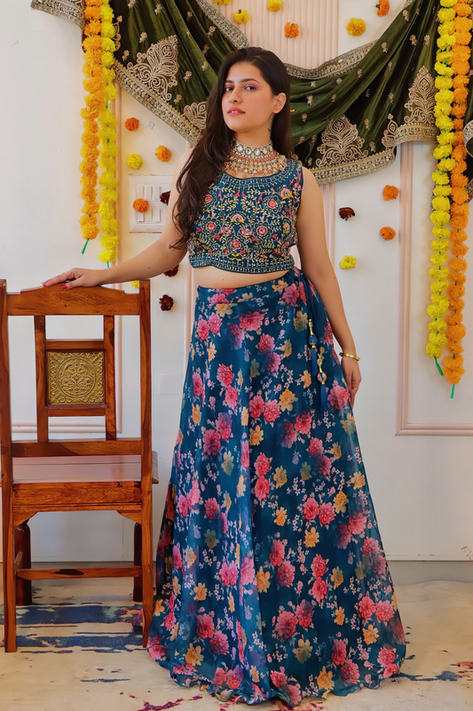 Navy Blue Floral Lehenga