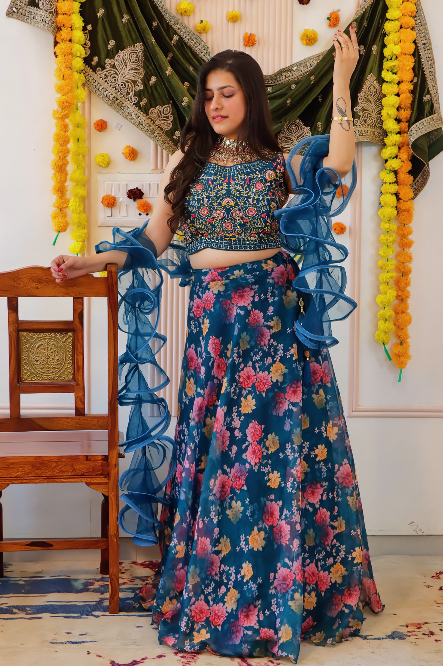Navy Blue Floral Lehenga