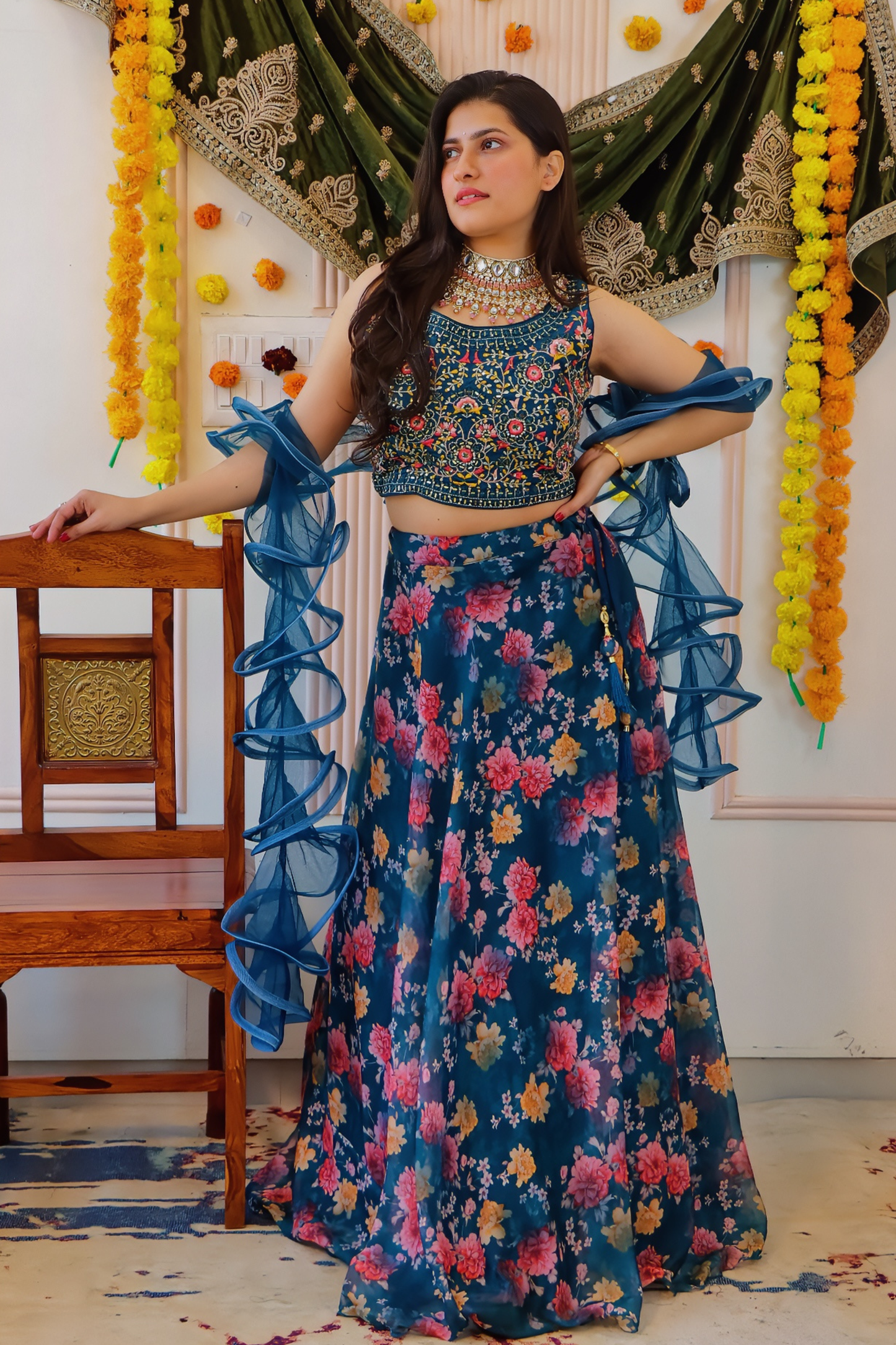 Navy Blue Floral Lehenga