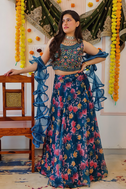 Navy Blue Floral Lehenga