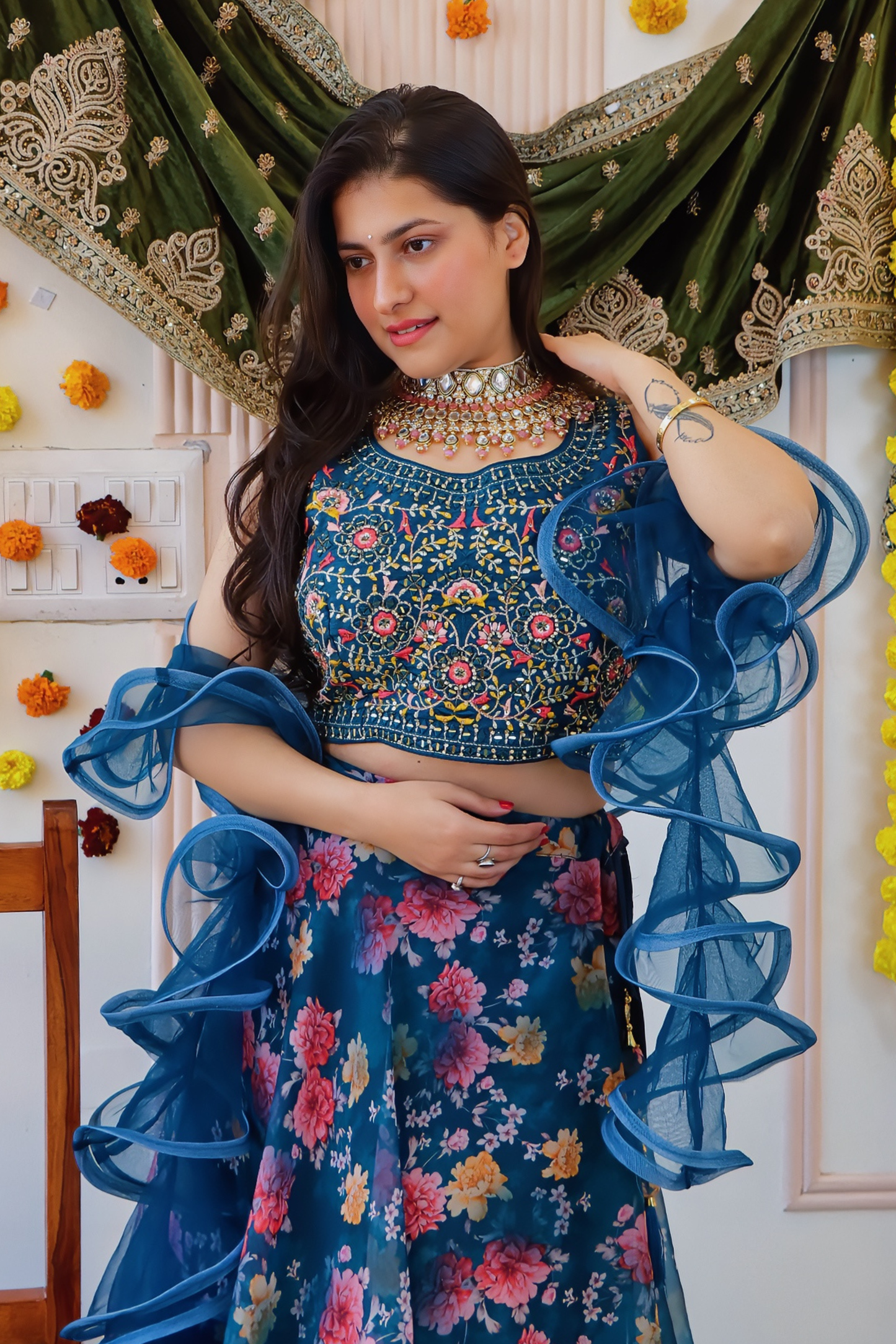 Navy Blue Floral Lehenga