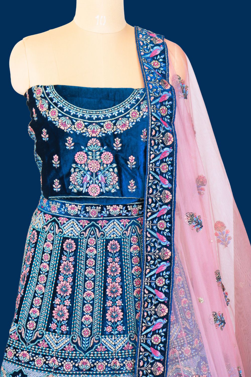 Velvet Bridal Lehenga with Mirror & Zari Work