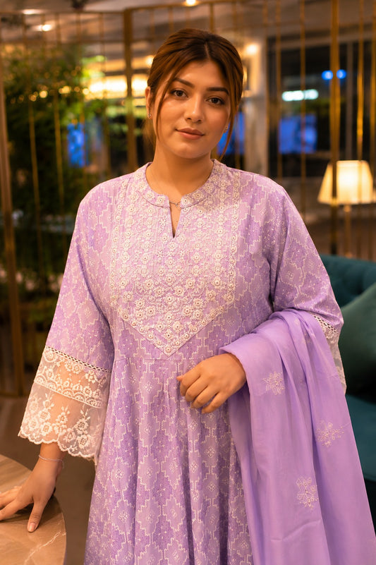 Lavender Embroidered Cotton Kurta Pant Set with Dupatta