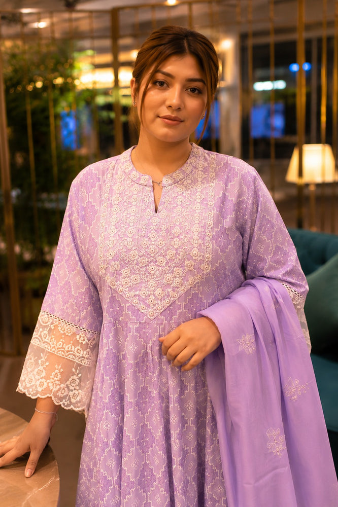 Lavender Embroidered Cotton Kurta Pant Set with Dupatta
