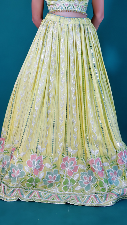 Elegant Yellow Thread Embroidered Lehenga