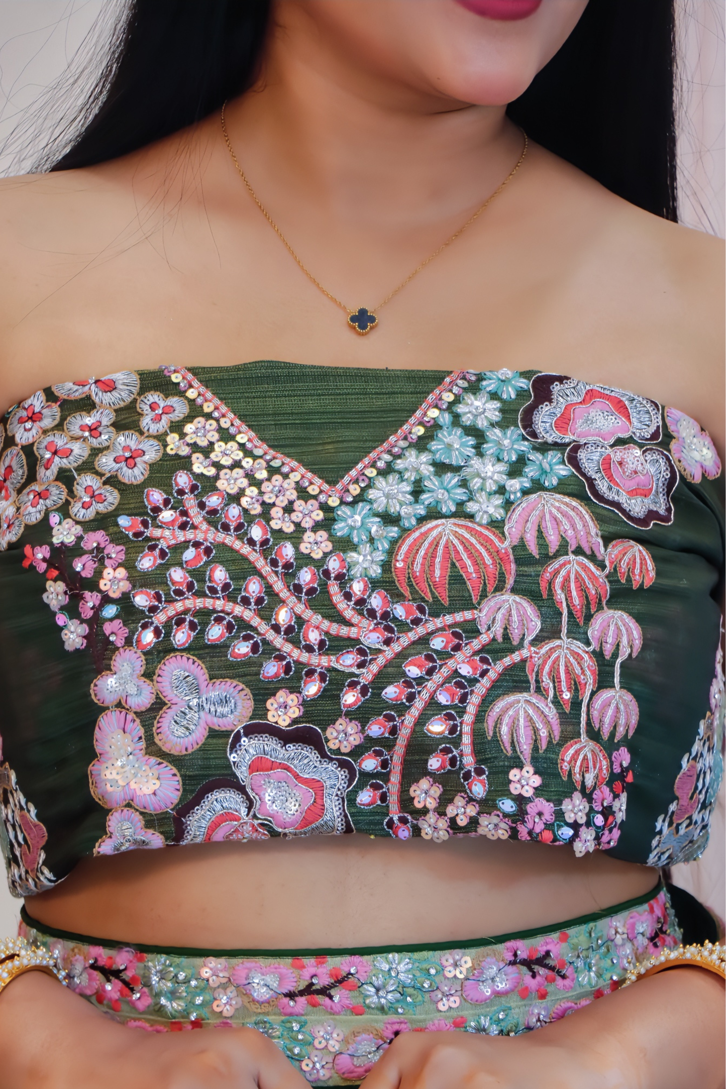 Green Chinnon Silk Unstitched Lehenga