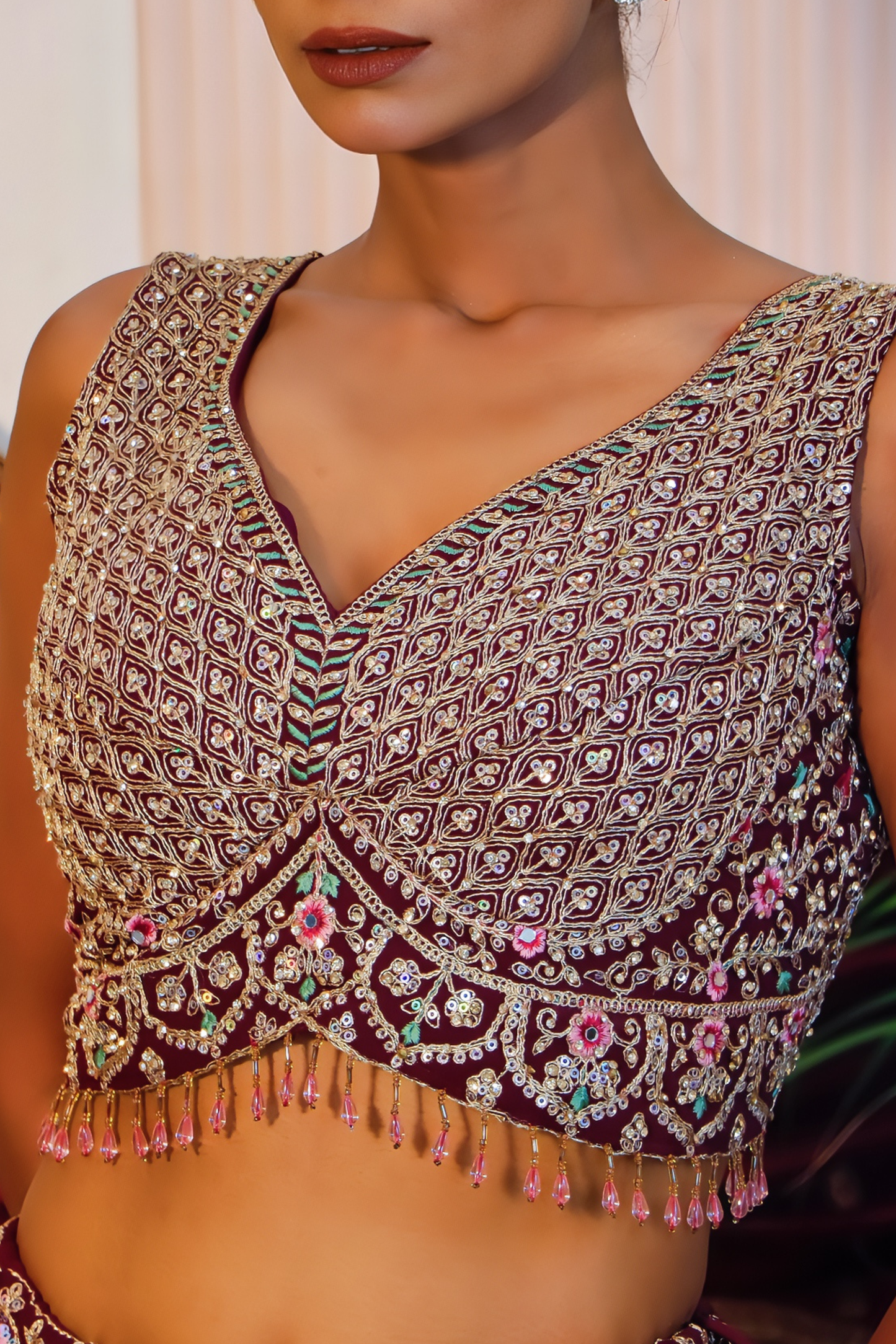 Wine Zari Sequin Crop Top Lehenga