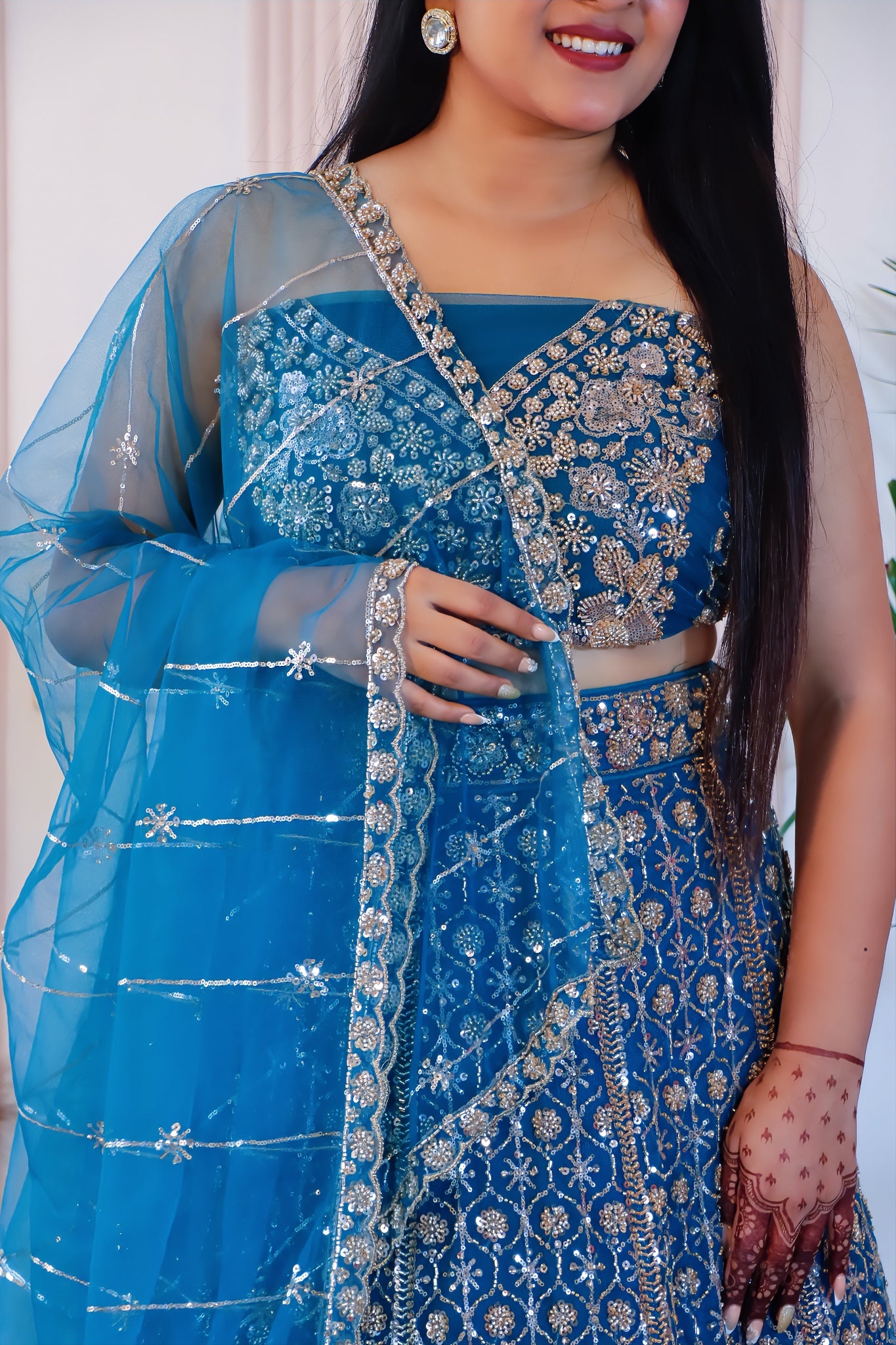 Royal Blue Net Unstitched Crop Top Lehenga