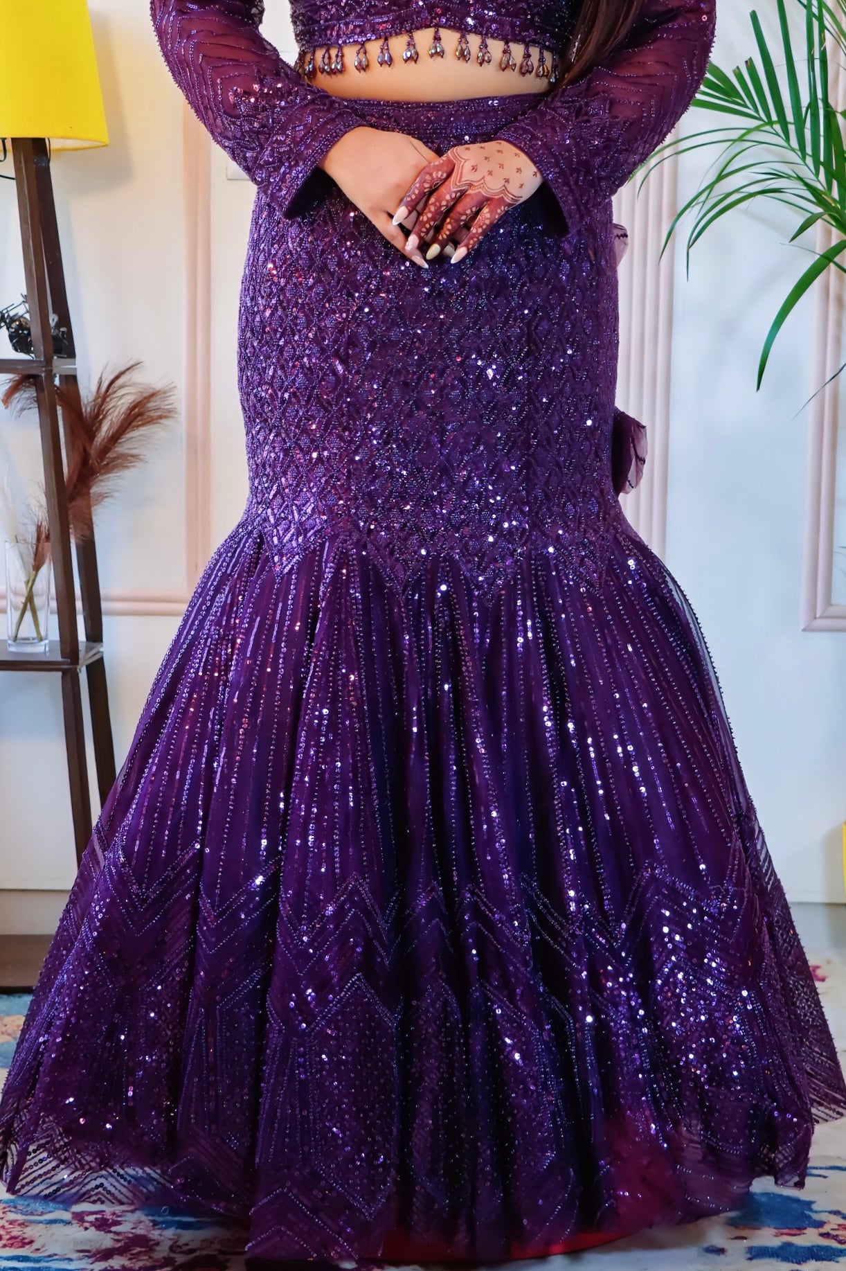 Wine Net Fish Cut Lehenga