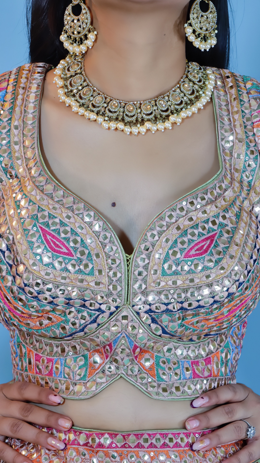 Multicolor Raw Silk Lehenga