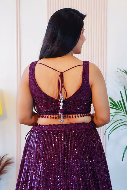 Elegant Wine Net Crop Top Lehenga