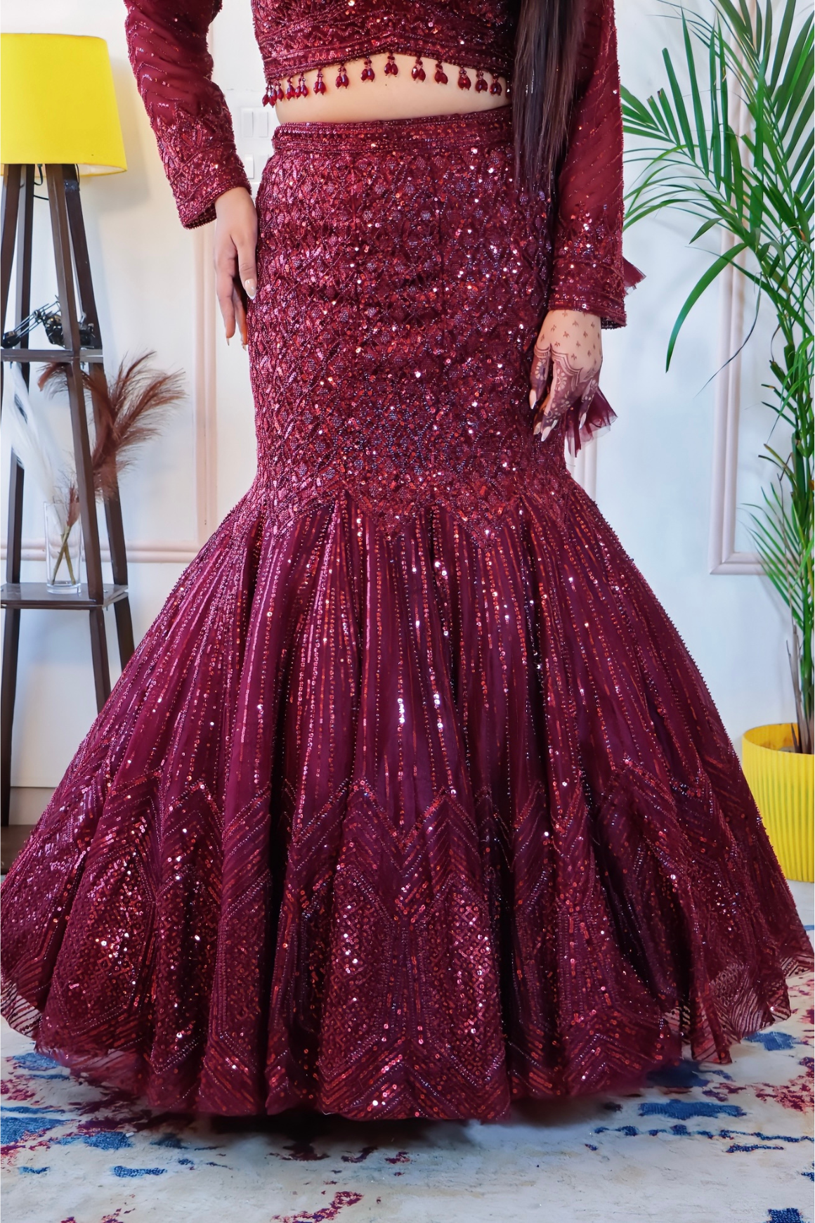 Maroon Net Fish Cut Lehenga