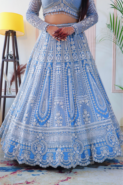 Teal Blue Sparkle Crop Top Lehenga