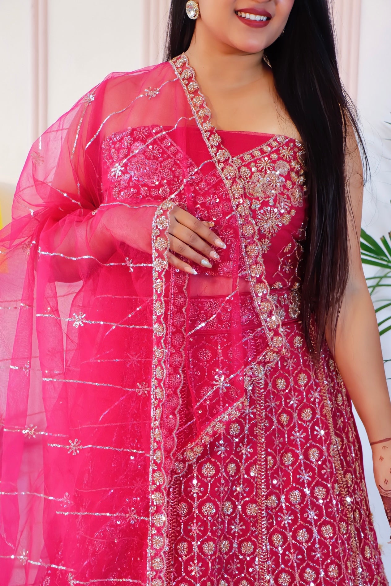 Magenta Pink Net Unstitched Crop Top Lehenga