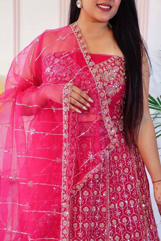 Magenta Pink Net Unstitched Crop Top Lehenga