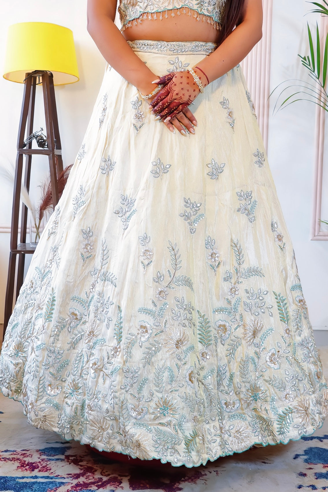 Off White & Green Lehenga