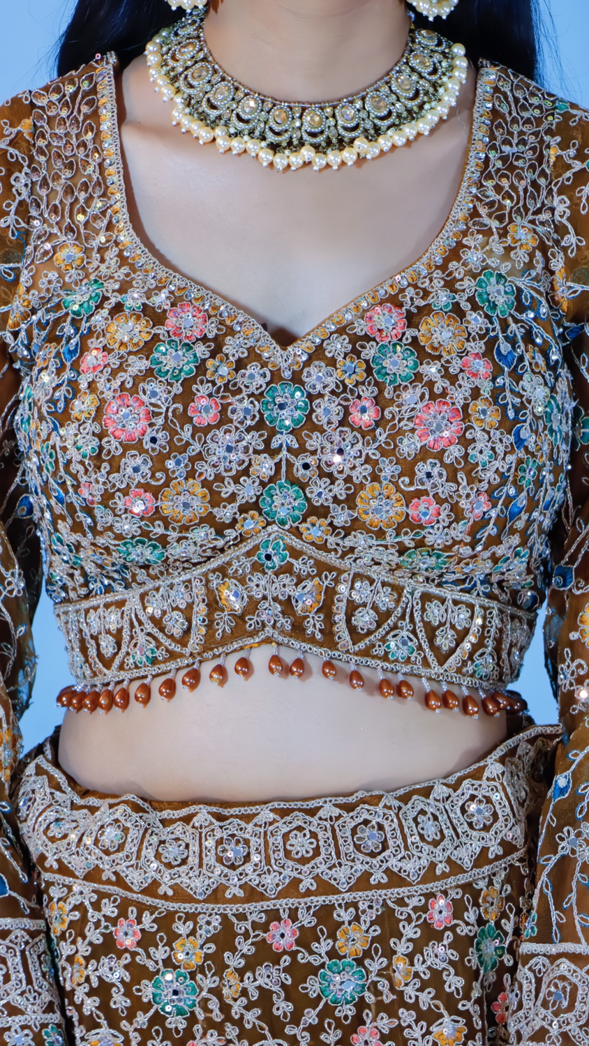 Brownish Golden Net Bridal Lehenga