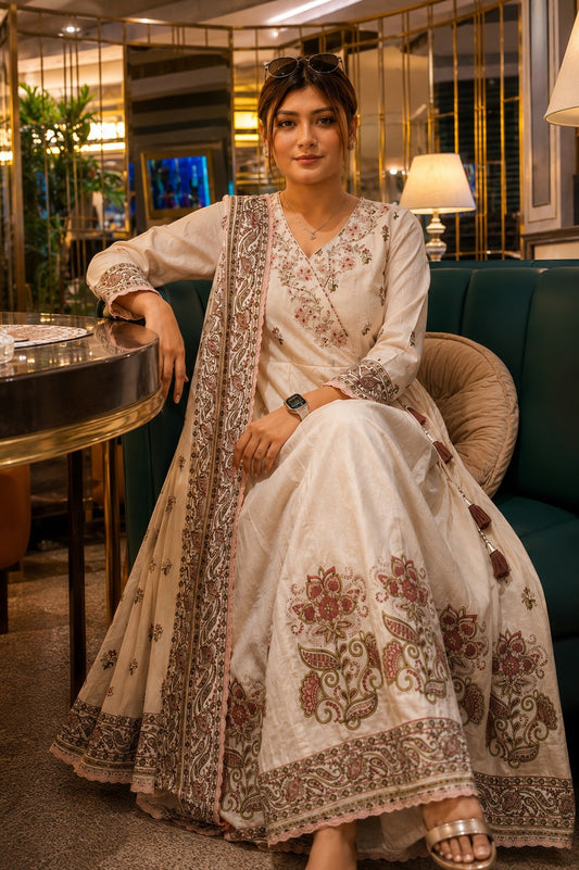 Ivory Floral Printed Cotton Anarkali Suit Set with Dupatta
