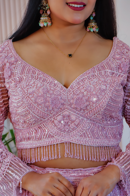 Blush Pink Net Embellished Lehenga Set