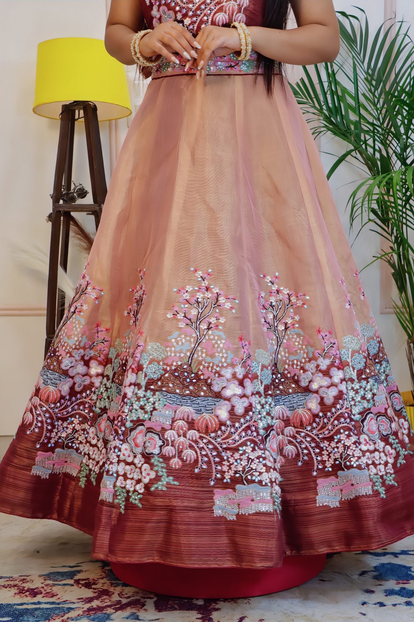 Brown Chinnon Silk Unstitched Lehenga