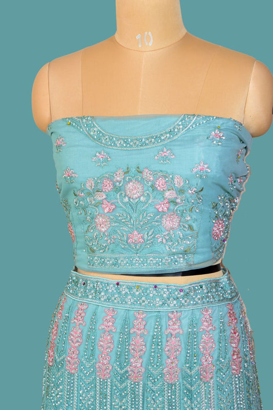 Light Blue Net Crop Top Lehenga