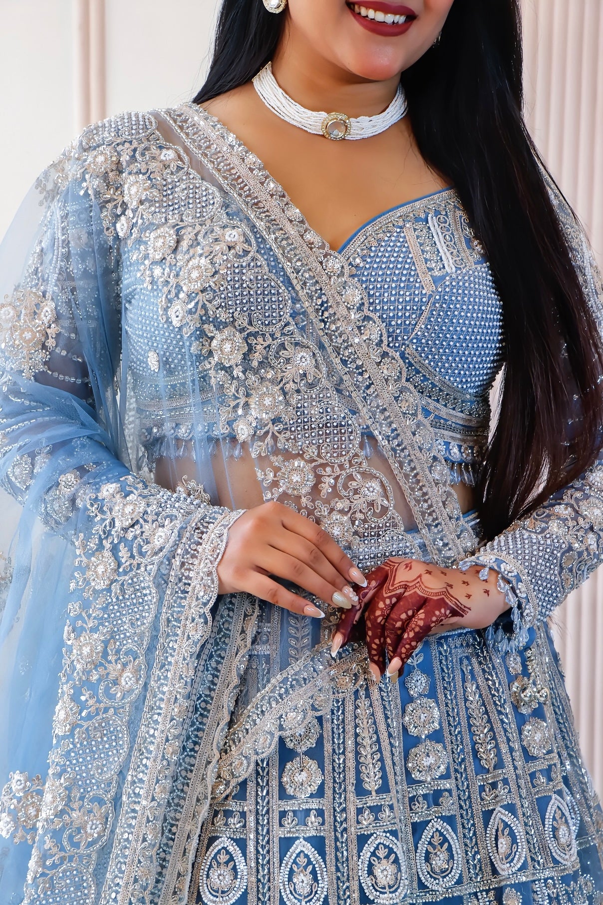 Teal Blue Sparkle Crop Top Lehenga