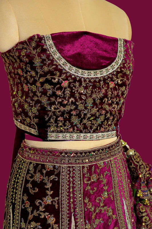 Regal Maroon Velvet Lehenga