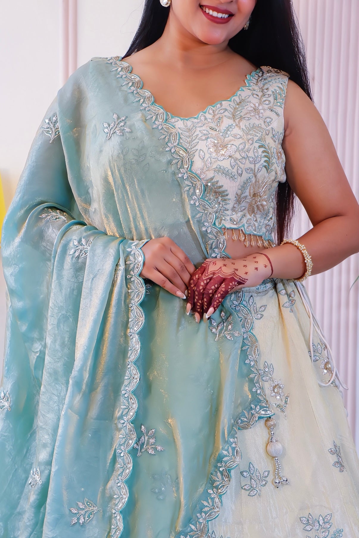 Off White & Green Lehenga