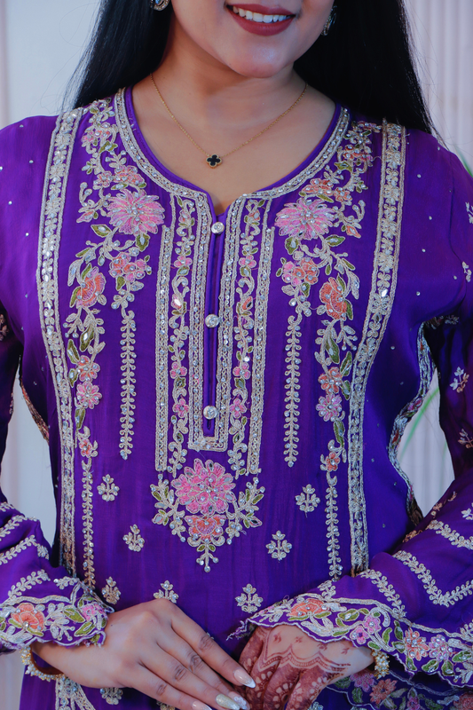 Purple Chiffon Kurti with Palazzo & Dupatta