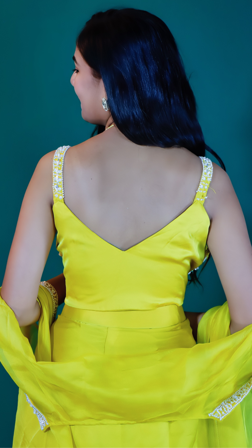 Yellow Satin Silk Dhoti Style Dress with Shrug