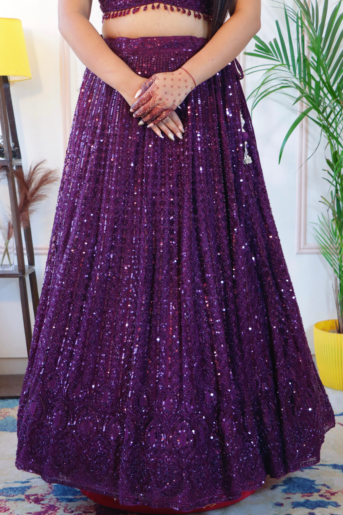 Elegant Wine Net Crop Top Lehenga