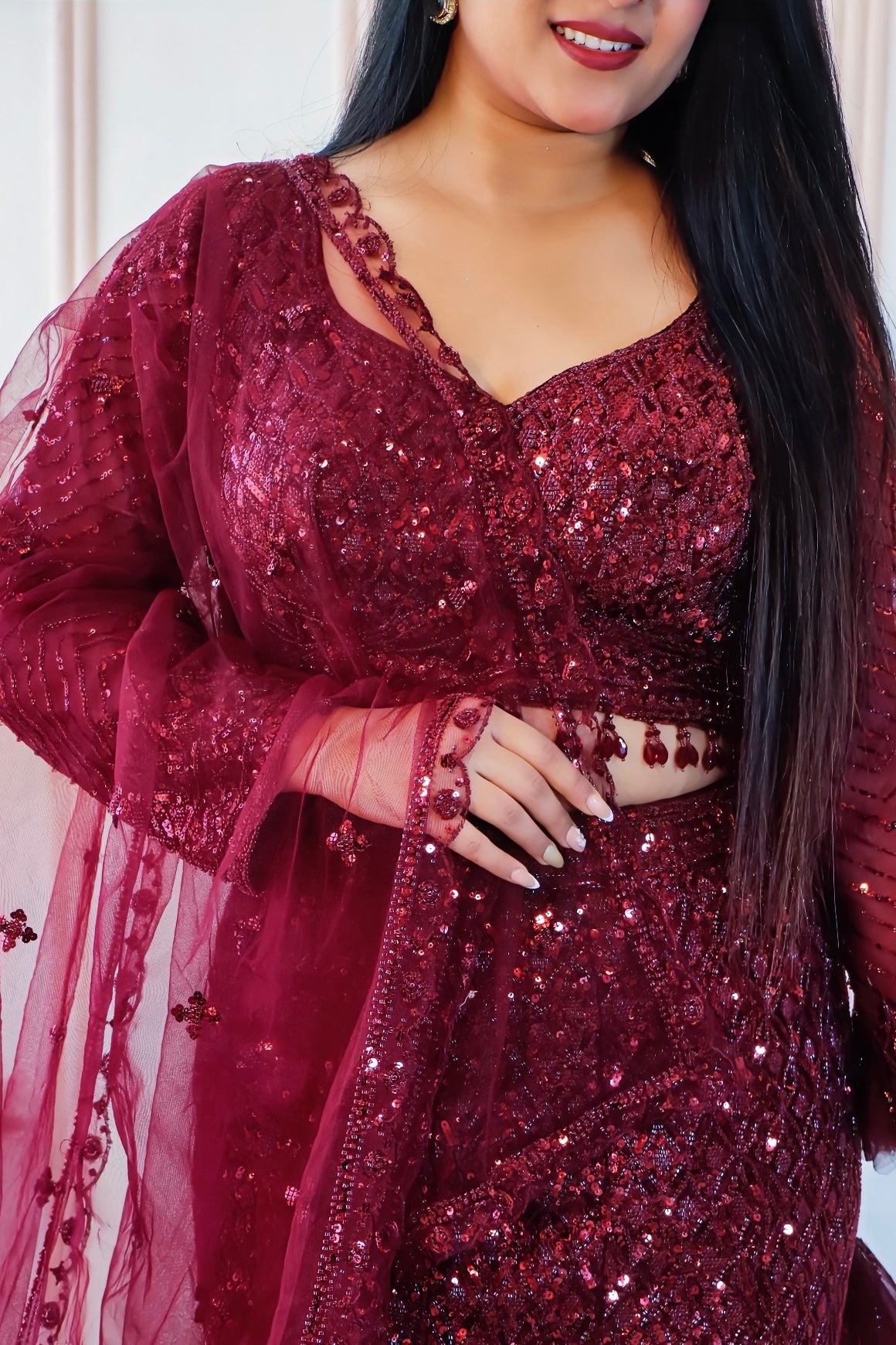 Maroon Net Fish Cut Lehenga