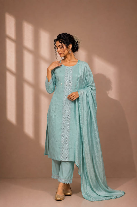 Blue Chanderi Silk Kurti with Pant & Dupatta
