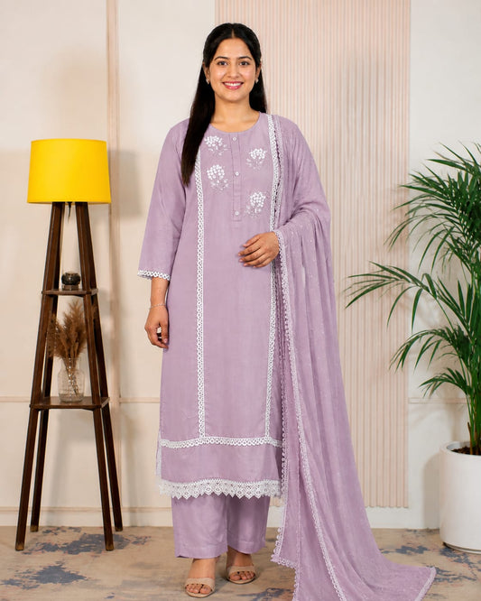 Lavender Grace Embroidered Kurta Set with Dupatta