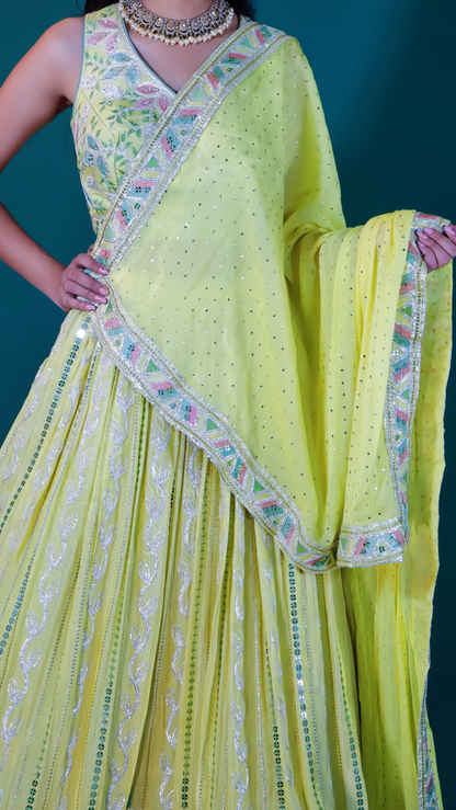 Elegant Yellow Thread Embroidered Lehenga